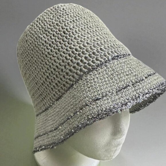 Handmade Crochet Gray Bucket Hat with Sparkling Sequin Trim - Picture 6 of 9
